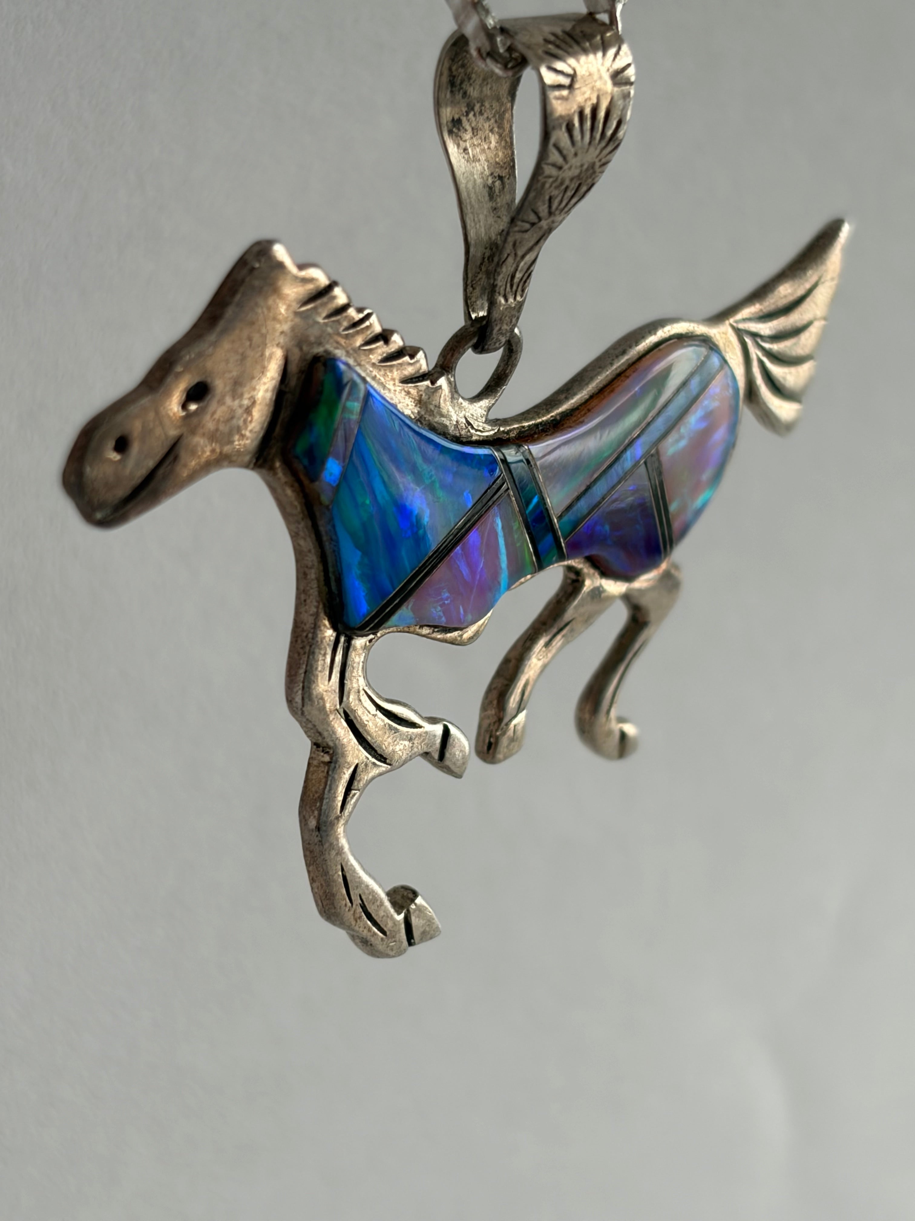 MULTI-OPAL HORSE CHANNEL INLAY PENDANT