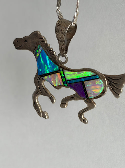 MULTI-OPAL HORSE CHANNEL INLAY PENDANT